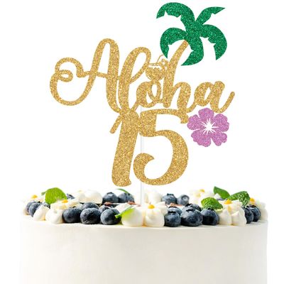 Gold Glitter Aloha 15 Cake Topper, Hello 15/Happy 15th Birthday, Summer Hawaiian Luau Tropical Pineapple Themed 15th Birthday Decorations