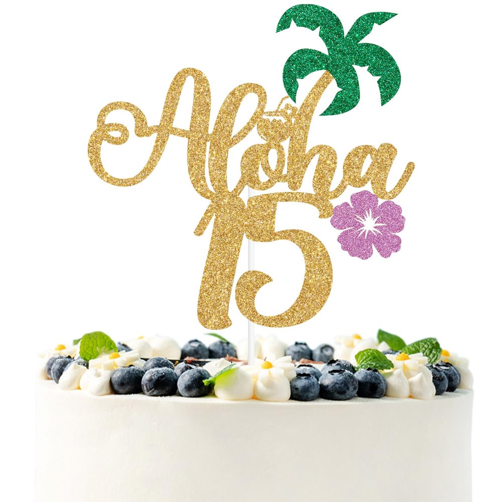 Gold Glitter Aloha 15 Cake Topper, Hello 15/Happy 15th Birthday, Summer Hawaiian Luau Tropical Pineapple Themed 15th Birthday Decorations
