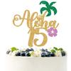 Gold Glitter Aloha 15 Cake Topper, Hello 15/Happy 15th Birthday, Summer Hawaiian Luau Tropical Pineapple Themed 15th Birthday Decorations view 1