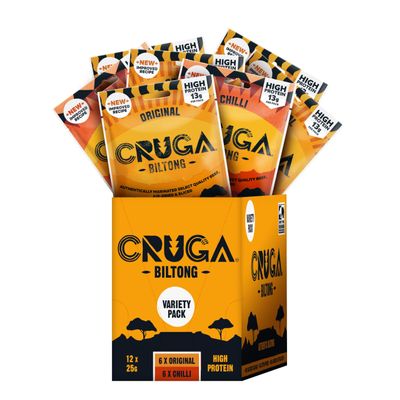 Cruga Beef Biltong Variety Pack 12  25g  6  Original, 6  Chilli  High Protein Gluten Free Snack  Low Sugar  No Added MSG  Ideal for Gym, Travel, Hiking & Everyday Energy