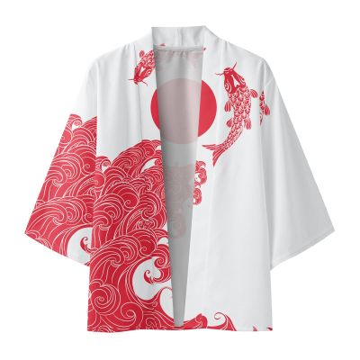 Mymyguoe Japan Happi Kimono Cardigan Men's Japanese Classic Summer Jacket Casual Transition Jacket Traditional Haori Costume with Funky Colourful National Print Breathable Yukata Open Front Coat, red,