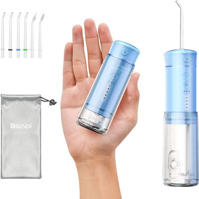 Bezvoi Water Flosser Cordless Travel, Mini Oral Irrigator with Telescopic Water Tank, 5 Modes, 6 Jet Tips, IPX7 Waterproof Electric Portable Water Teeth Cleaner Picks for Braces Bridges Care
