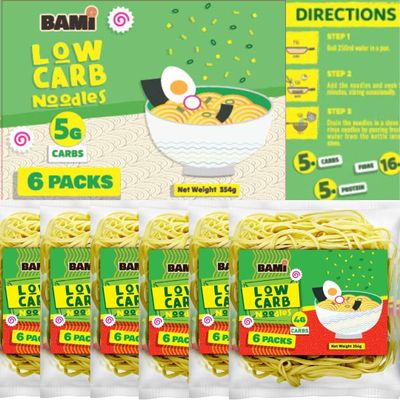 Low Carb Noodles, High Protein (6 x 59g Packs) High Fibre, Keto Ramen. Cook Stir fry, Ramen or low carb pasta. Made with Vital wheat gluten flour, so more al-dente than konjac & shirataki noodles.