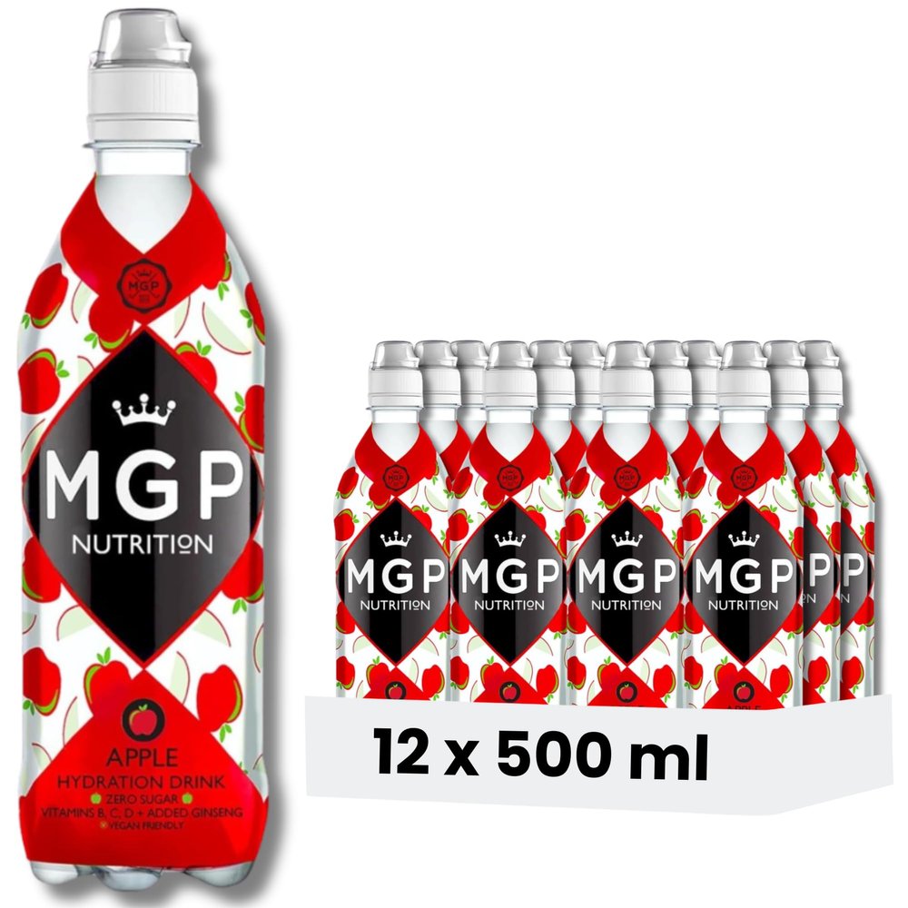 MGP Sugar Free Hydration Drink With Essential Vitamins & Ginseng, Pack of 12, Sports Recovery Electrolytes, Low Carbs, Fat & Gluten Free, Vegan Friendly, Vitamin C, B3, B5, B1, B6, B12, D3, Apple