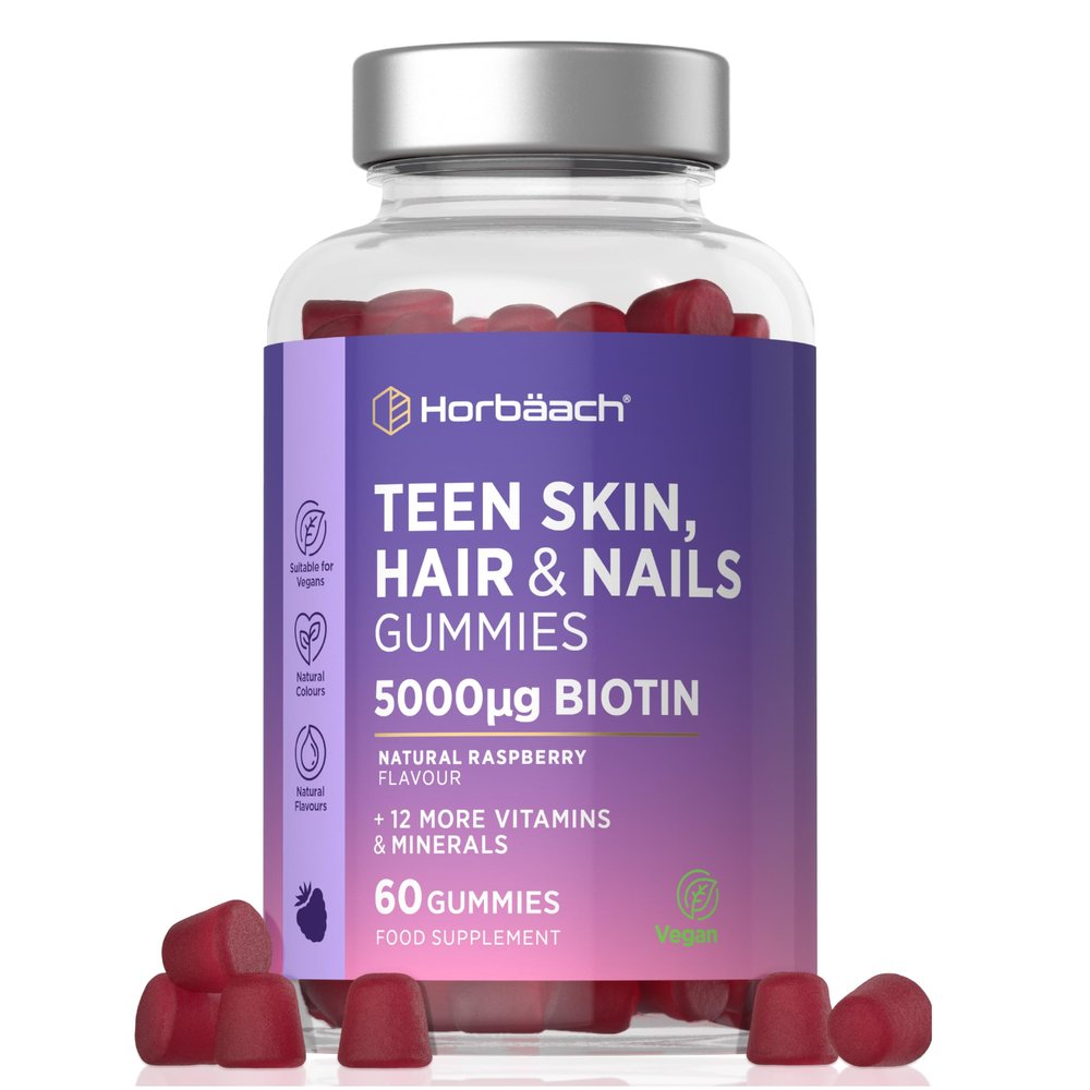 Hair Skin Nail Gummies for Teens | 60 Count | Raspberry Flavour | 5000ug of Biotin for Hair Growth | with Folic Acid, Inositol, Choline & More | Suitable for Vegans | by Horbaach