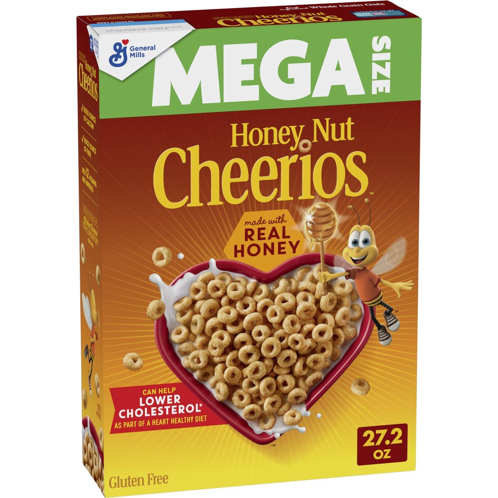 Honey Nut Cheerios Cereal, Limited Edition Heart Shapes, Affirmations Box, Heart Healthy, Gluten Free, Mega Size, 27.2 oz