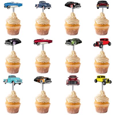 Classic Car Cupcake Toppers Variety Pack - 24 Pack Car Cupcake Toppers for Boys - Classic Car Party Decorations - 50s Car Cupcake Toppers - Vintage Car Party Decorations
