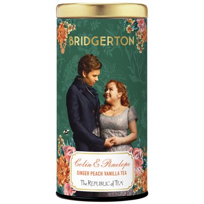 The Republic of Tea Bridgerton Colin & Penelope Ginger Peach Vanilla Tea, 36 tea bags in metal tin - Fruity black tea with peach and vanilla in a metal box with Bridgerton look