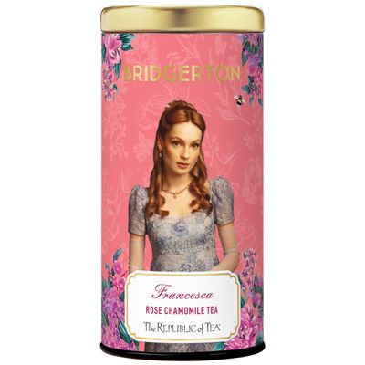 The Republic of Tea Bridgerton Francesca Rose Chamomile Tea, 36 tea bags in metal tin - Fruity chamomile tea with rose petals and strawberry flavour in a tin with an elegant Bridgerton look