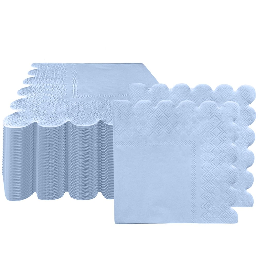 100 Pieces 2-ply Light Blue Napkin Disposable Scalloped Cocktail Napkins Beverage Napkins Dessert Napkins Paper Napkins for Wedding Birthday Party Paper Dinner Napkins