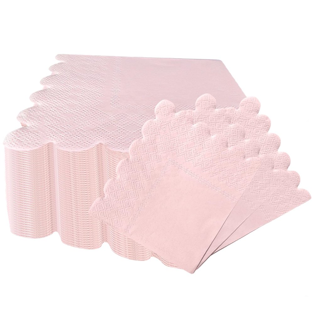 100 Pieces 2-ply Light Pink Napkin Disposable Scalloped Cocktail Napkins Beverage Napkins Dessert Napkins Paper Napkins for Wedding Birthday Party Paper Dinner Napkins