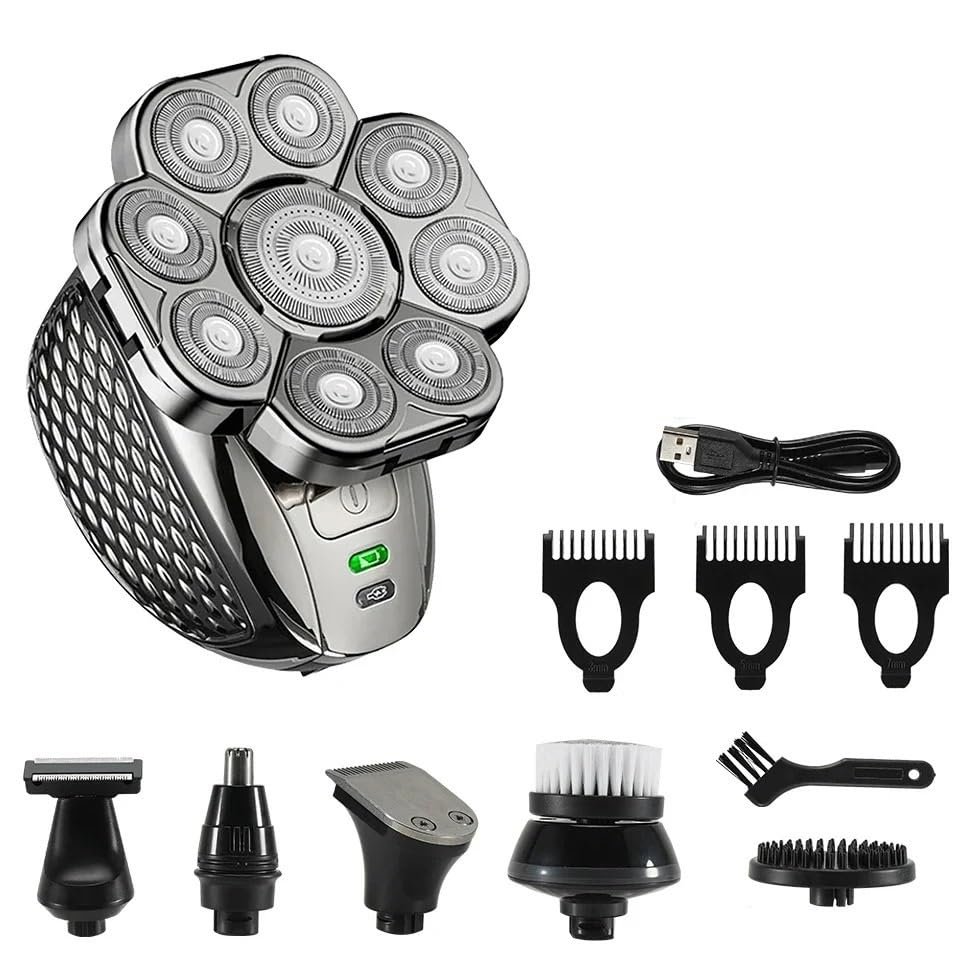 JQUAL Electric Razor for Men's, 6 IN 1 Men's Bald Head Electric Shaver 9 Blades Floating Heads Beard Nose Ear Hair Trimmer Clipper Facial Brush Rechargeable Razor
