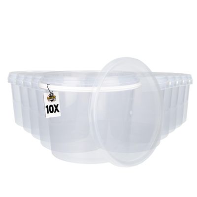 10 buckets with lid, 4 litres, transparent, round, plastic, food-safe, airtight and stable, empty with handle and lid for food, chemicals, suitable for animal food