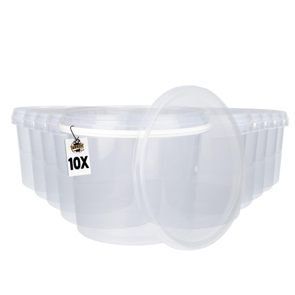 10 buckets with lid, 4 litres, transparent, round, plastic, food-safe, airtight and stable, empty with handle and lid for food, chemicals, suitable for animal food