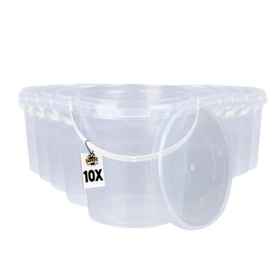 10 buckets with lid, 1 litre, transparent, round, plastic bucket, food-safe, delicatessen bucket, airtight and stable, empty bucket with handle and lid, suitable for food, washing powder, animal food