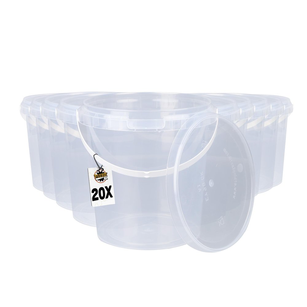 20 buckets with lid, 1 litre, transparent, round, plastic bucket, food-safe, delicatessen bucket, airtight and stable, empty bucket with handle and lid, suitable for food, washing powder, animal food