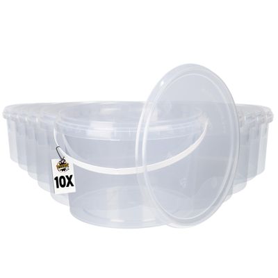 10 Buckets with Lid, 2 Litres, Transparent, Round, Plastic, Food-Safe, Airtight and Stable, Empty with Handle and Lid for Food, Chemicals, Suitable for Pet Food