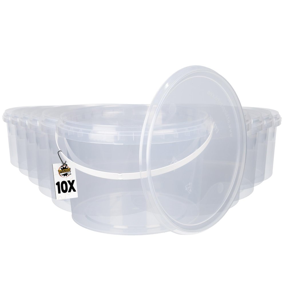10 Buckets with Lid, 2 Litres, Transparent, Round, Plastic, Food-Safe, Airtight and Stable, Empty with Handle and Lid for Food, Chemicals, Suitable for Pet Food