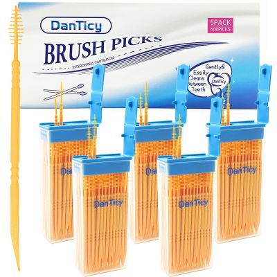 DanTicy Brushpicks Interdental Toothpicks,Soft Bristle Dental Floss Picks Toothpicks,Helps Removes Plaque and Debris Between Your Teeth 600PCS (Pack of 5) Orange