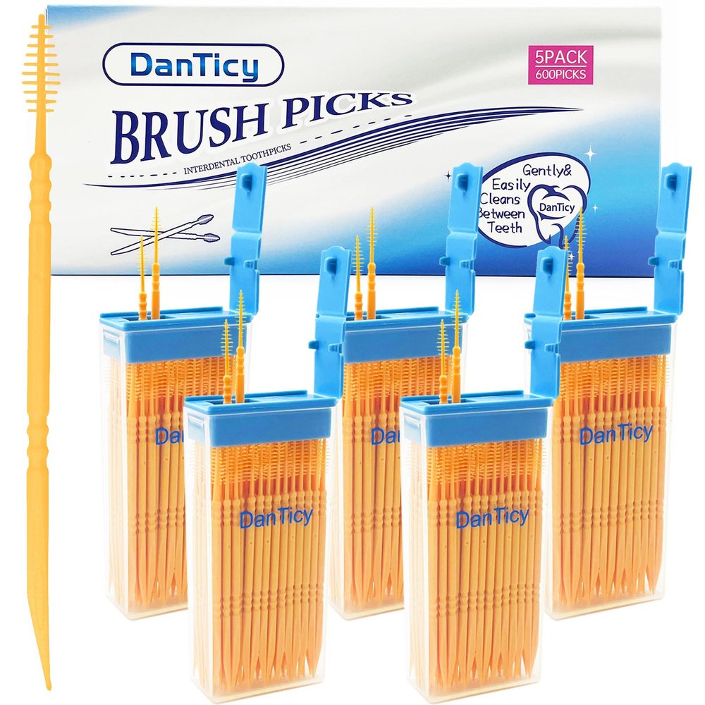 DanTicy Brushpicks Interdental Toothpicks,Soft Bristle Dental Floss Picks Toothpicks,Helps Removes Plaque and Debris Between Your Teeth 600PCS (Pack of 5) Orange