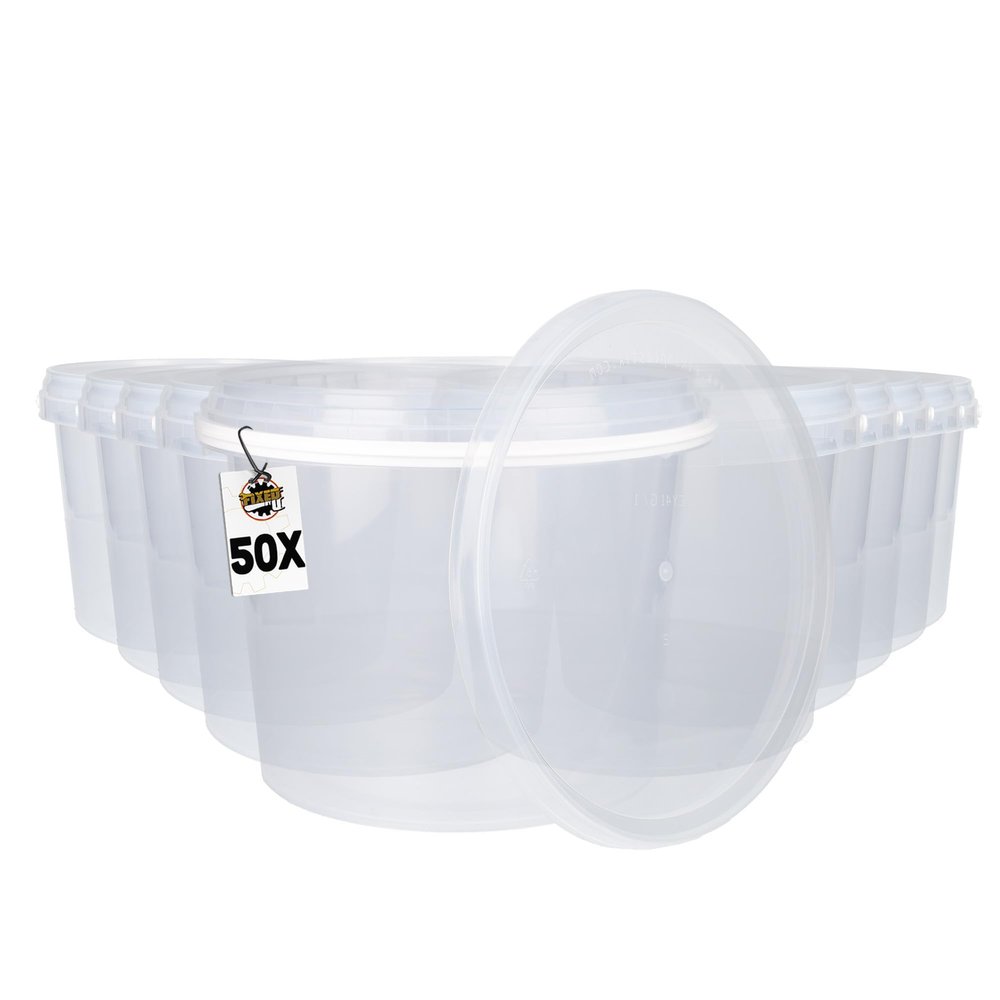 50 Buckets with Lids 4 L Transparent Round Plastic Food Safe Airtight and Stable Empty with Handle and Lid for Food Chemicals Suitable for Pet Food