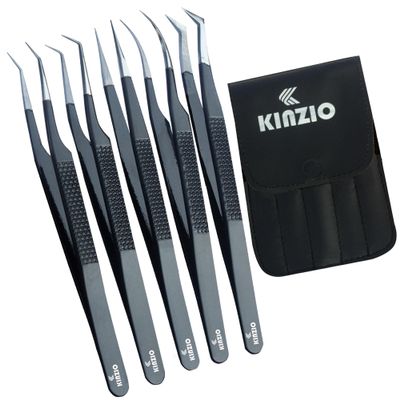 KINZO Lash Tweezers for Eyelash Extensions Tweezers Set of 5, Japanese Stainless Steel, Straight Curved 45 90 Degree Volume Eyelash Tweezers (Balck, 5 pcs Set)