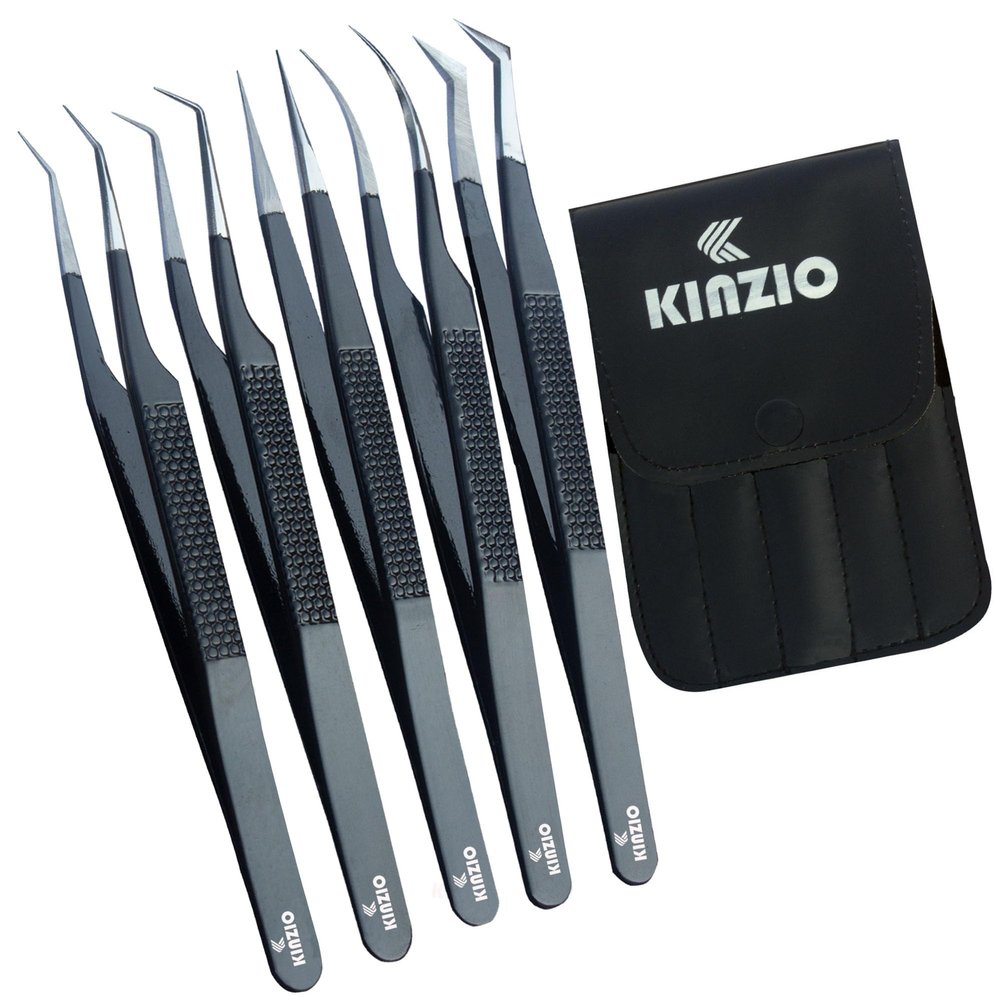 KINZO Lash Tweezers for Eyelash Extensions Tweezers Set of 5, Japanese Stainless Steel, Straight Curved 45 90 Degree Volume Eyelash Tweezers (Balck, 5 pcs Set)