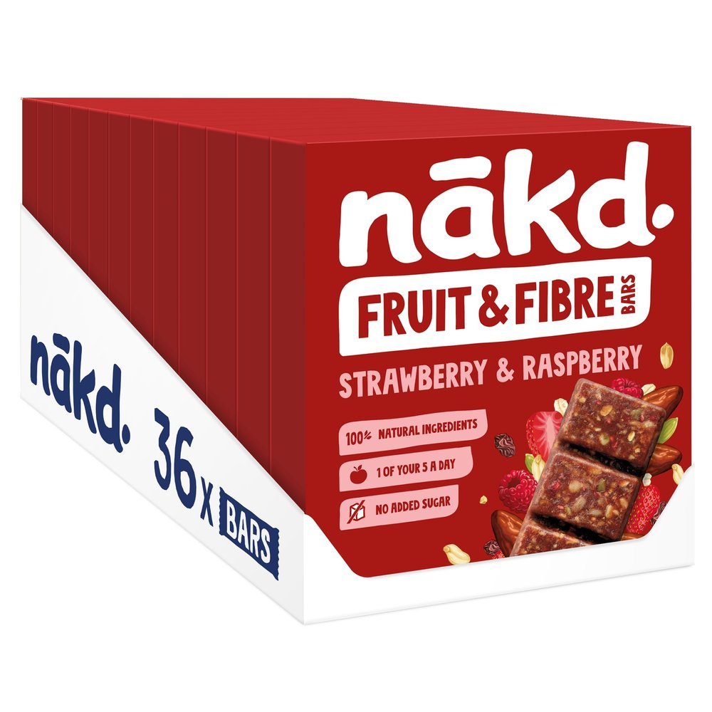 Nakd Strawberry & Raspberry Fruit & Fibre Bar - Vegan - Gluten Free - Healthy Snack, 44g (Pack of 36 Bars)