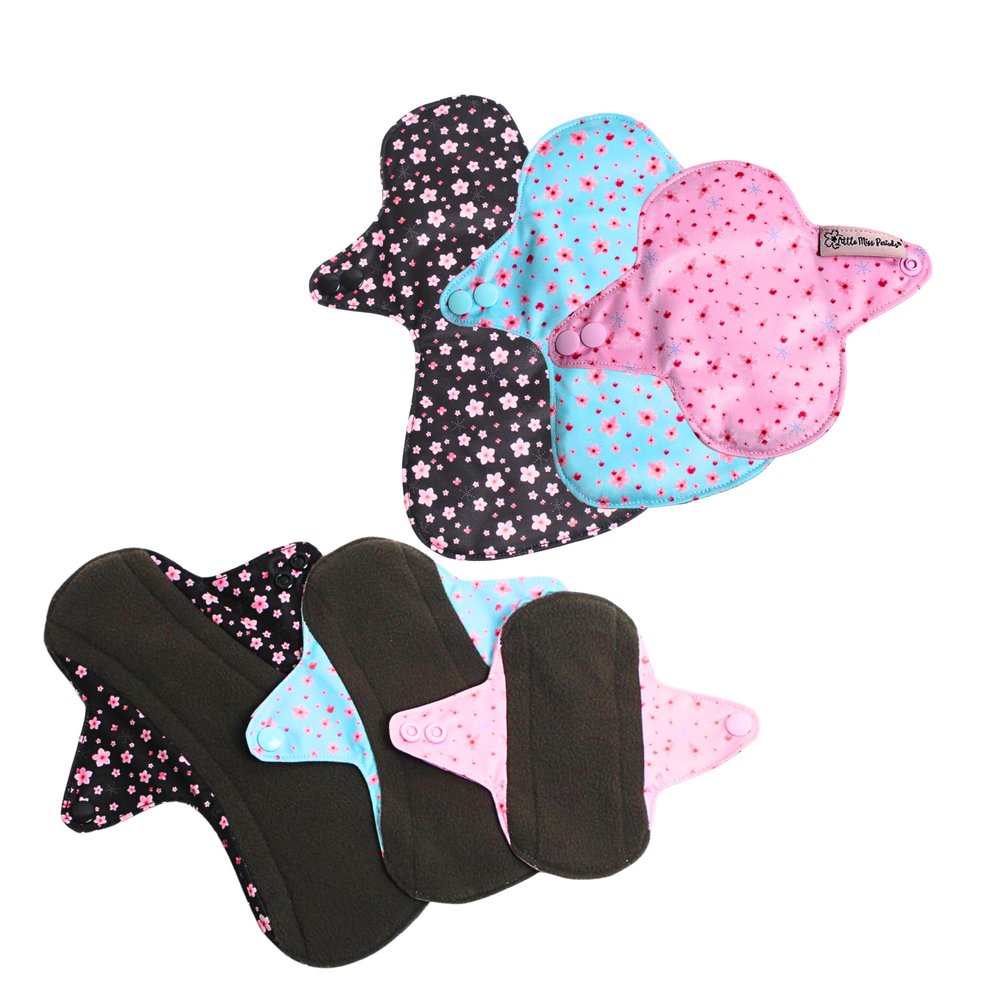 6Pc Reusable Sanitary Pads Multi Size Set Sakura Liners for Light to Heavy Flow and Leaks, Washable Period Pads, Inconsistency Towels - Bamboo Charcoal Fabric for Sensitive Skin by Little Miss Period