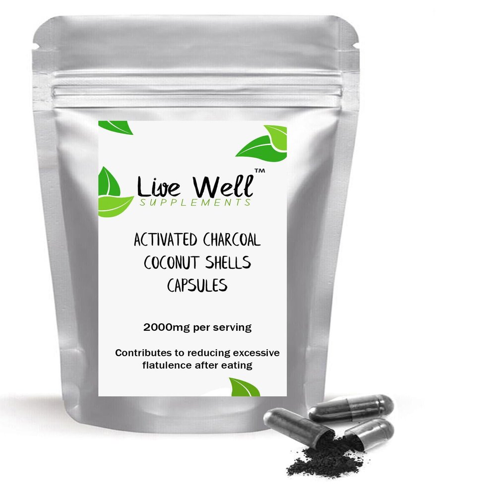 Live Well Supplements Activated Charcoal Capsules 2000mg - 240 Capsules Natural Coconut Shells Per Serving of 6 Capsules Vegan & Natural -Bloating, Excessive Flatulence, Gas (240 Capsules)