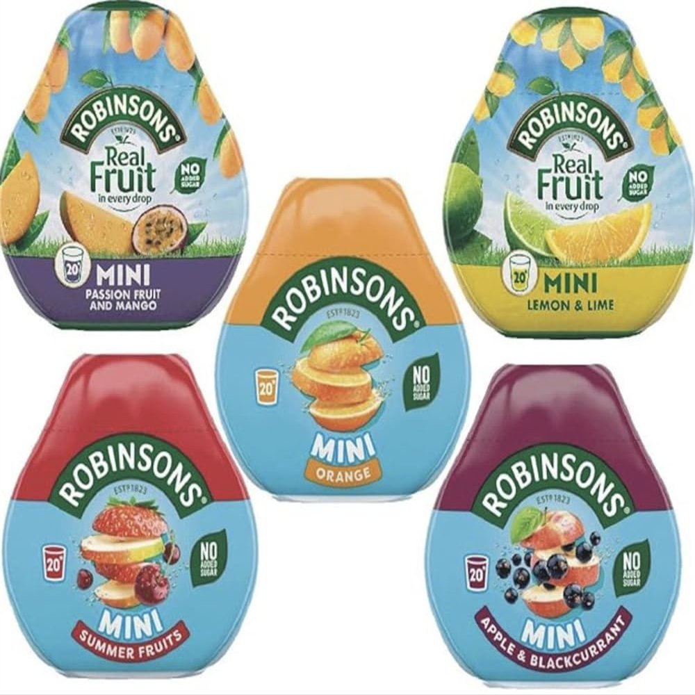 Robinsons Squashd Mini Variety Pack - 5 Flavour Pack  1xSummer Fruit, 1xMango & Passion Fruit, 1xOrange, 1xApple & Blackcurrant, And 1xLemon & Lime  No Added Sugar - Bundled by Black Nore Gifts