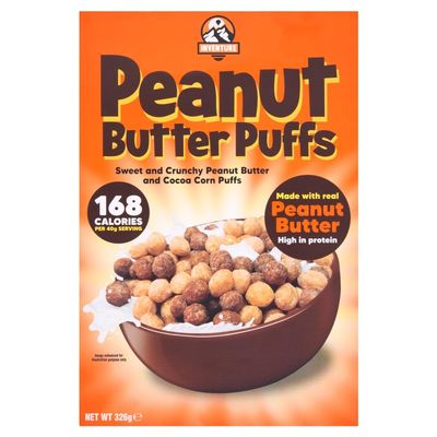 Inventure Peanut Butter Puffs 326g x 2 - Made with real Peanut Butter - Sweet and Crunchy Peanut Butter and Cocoa Corn Puffs