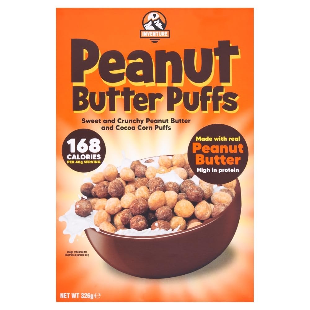 Inventure Peanut Butter Puffs 326g x 2 - Made with real Peanut Butter - Sweet and Crunchy Peanut Butter and Cocoa Corn Puffs
