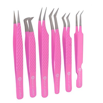Abdul of Sialkot Fiber Tips Volume Tweezers for Eyelash Extensions, Set of 6,Volume Boot, Made with Perfection Micro Tip (6 Piece Set (Fiber Tip Gulabi Pink)