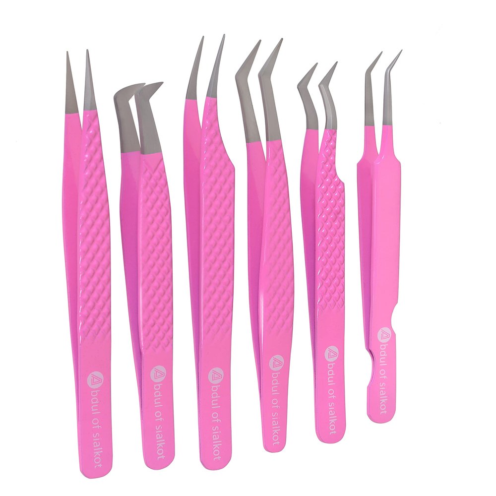 Abdul of Sialkot Fiber Tips Volume Tweezers for Eyelash Extensions, Set of 6,Volume Boot, Made with Perfection Micro Tip (6 Piece Set (Fiber Tip Gulabi Pink)