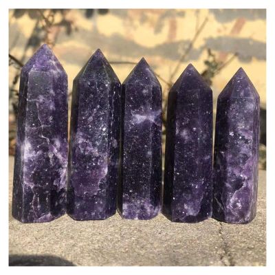 EKFBQBGW 5PCS Natural LEPIDOLITE Crystal Hexagon Wand Single Point Lilacs Stone Tower for Decoration Home Collections
