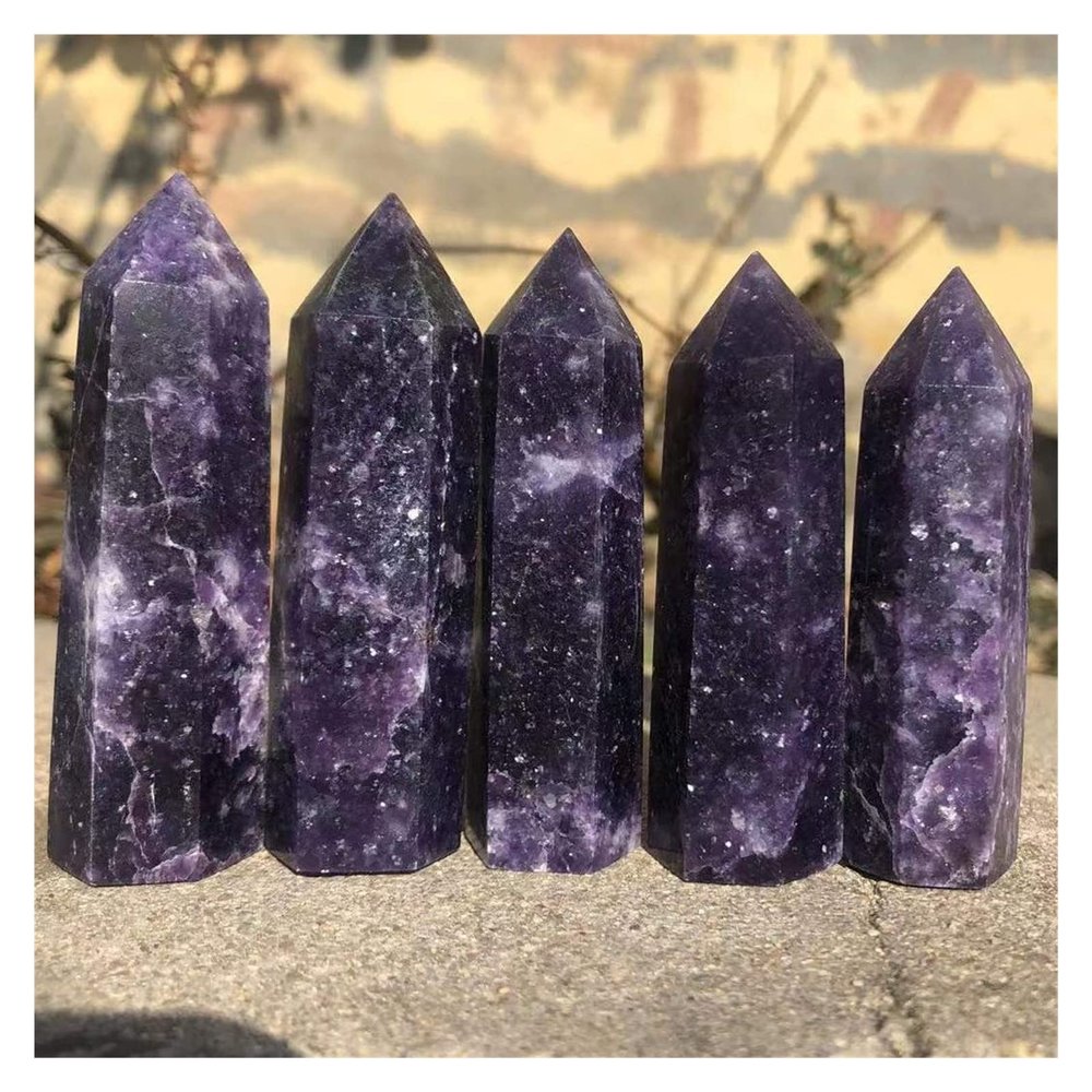 EKFBQBGW 5PCS Natural LEPIDOLITE Crystal Hexagon Wand Single Point Lilacs Stone Tower for Decoration Home Collections