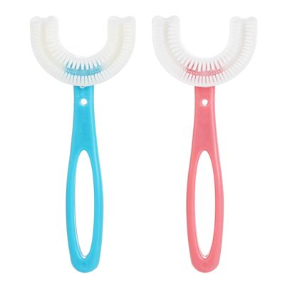 Kids Toothbrushes,2 Pcs U Shaped Toothbrush 360All-Round Cleaning Silicone Teeth Brush for Kids Blue and Pink (6-12 Years Old)