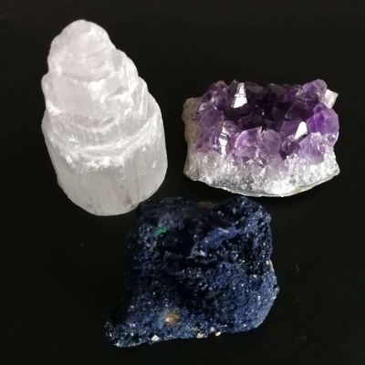 EKFBQBGW 1pc Natural White Selenite Skyscraper Amethyst Cluster Azurite Malachite Crystals Stones Combos Set Home Collections