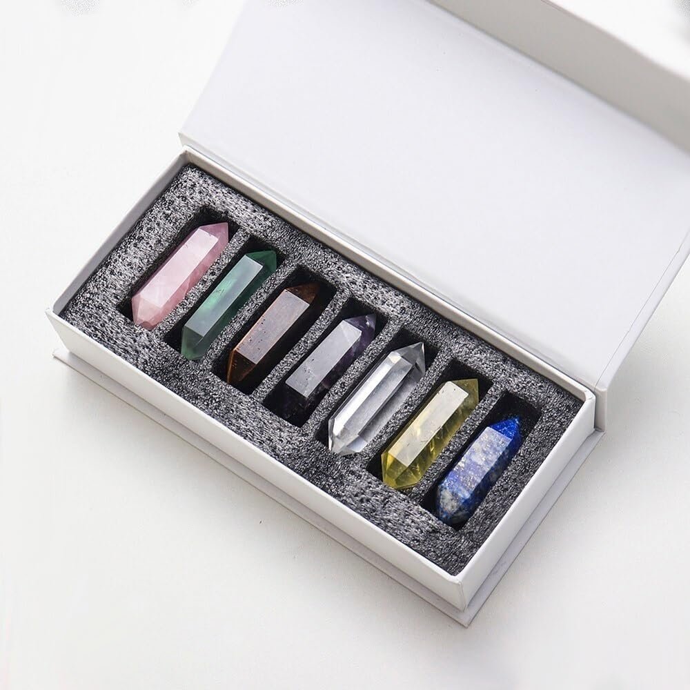 EKFBQBGW 7pc Natural Crystal Dual Point Pillar Set Rose Quartz Amethyst Gem Collection Gift Box Home Decor Home Collections