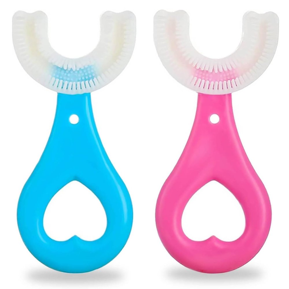 Kids Toothbrushes,2 Pcs U Shaped Toothbrush 360All-Round Cleaning Silicone Teeth Brush for Kids Blue or Pink (2-6 Years Old)