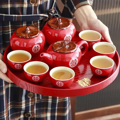wanghaiyanBD Ceramic tea set, Wedding Traditional Festive Red Everything Goes Well Ceramic Kungfu Tea Set Ceremony Wedding Party Newlyweds