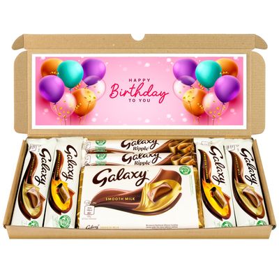 Selection Box Chocolate Hamper | Letter Box Gift | Fullsize Galaxy Chocolate bars | Ideal Gifts For Women, Men, Kids (Happy Birthday (Pink), Full Size)