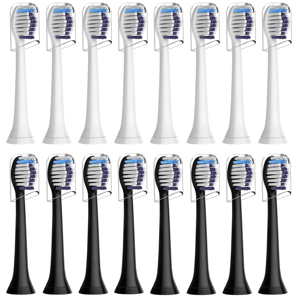 16 pcs Whitening Clean Toothbrush Heads Compatible for Philips Sonicare Electric Toothbrush, 8 White and 8 Black.