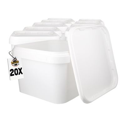 20 Buckets with Lid, 3 L, White, Square, Plastic Bucket, Food-Safe, Airtight and Stable, Empty Bucket with Handle and Lid for Food, Chemistry, Washing Powder, Adhesives