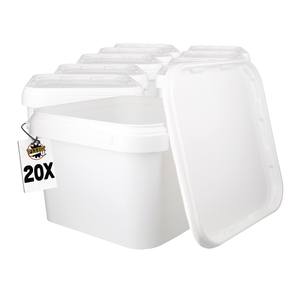 20 Buckets with Lid, 3 L, White, Square, Plastic Bucket, Food-Safe, Airtight and Stable, Empty Bucket with Handle and Lid for Food, Chemistry, Washing Powder, Adhesives