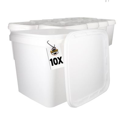 10 Buckets with Lid, 9 Litres, White, Square, Plastic Bucket, Food-Safe, Airtight and Stable, Empty Bucket with Handle and Lid for Food, Chemistry, Washing Powder, Adhesives