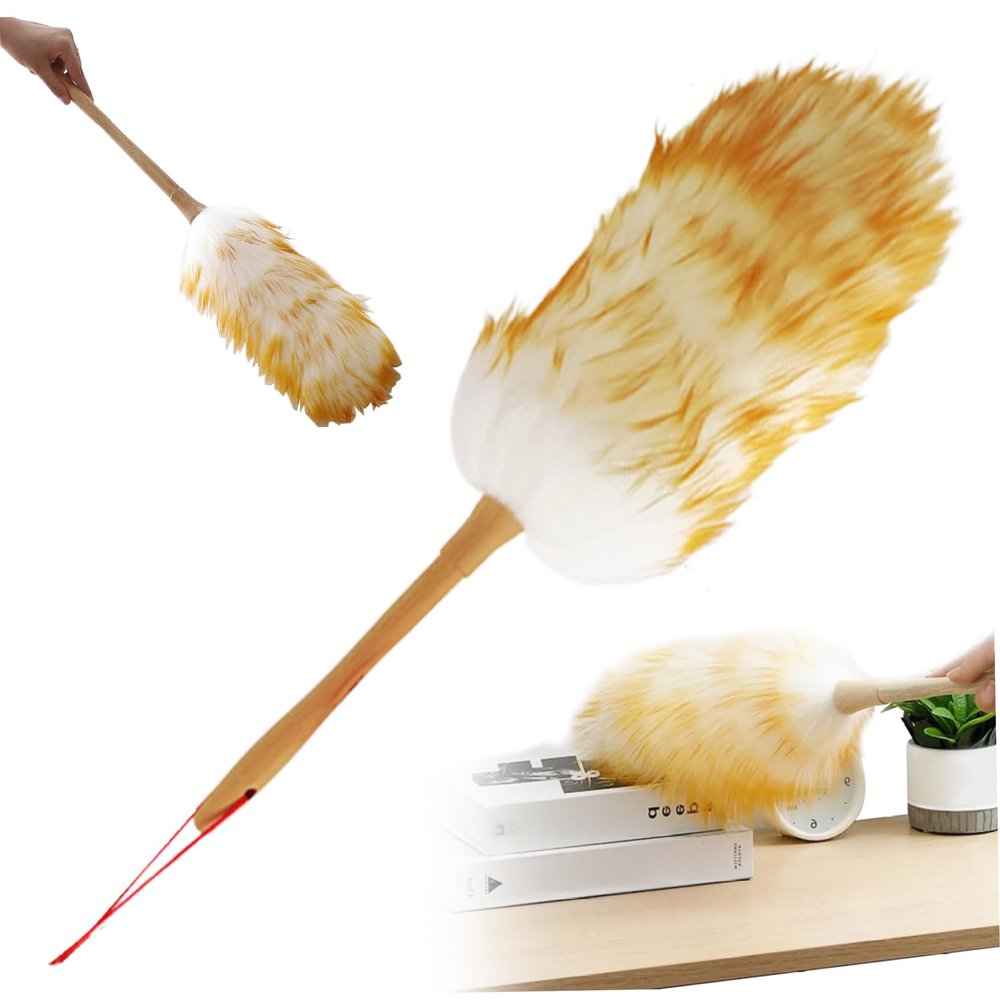 OnIUeZky 1PC Lambswool Duster with Wooden Handle, 21 Inch Anti-Static Feather Duster, Flexible Dusters for Cleaning Ceiling Fans, Computer Screens, Bookshelves