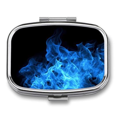 Pill Box Blue Flame Print 2 Compartment Medicine Pill Case Pill Organizer Decorative Metal Portable Pill Box for Pocket Or Purse
