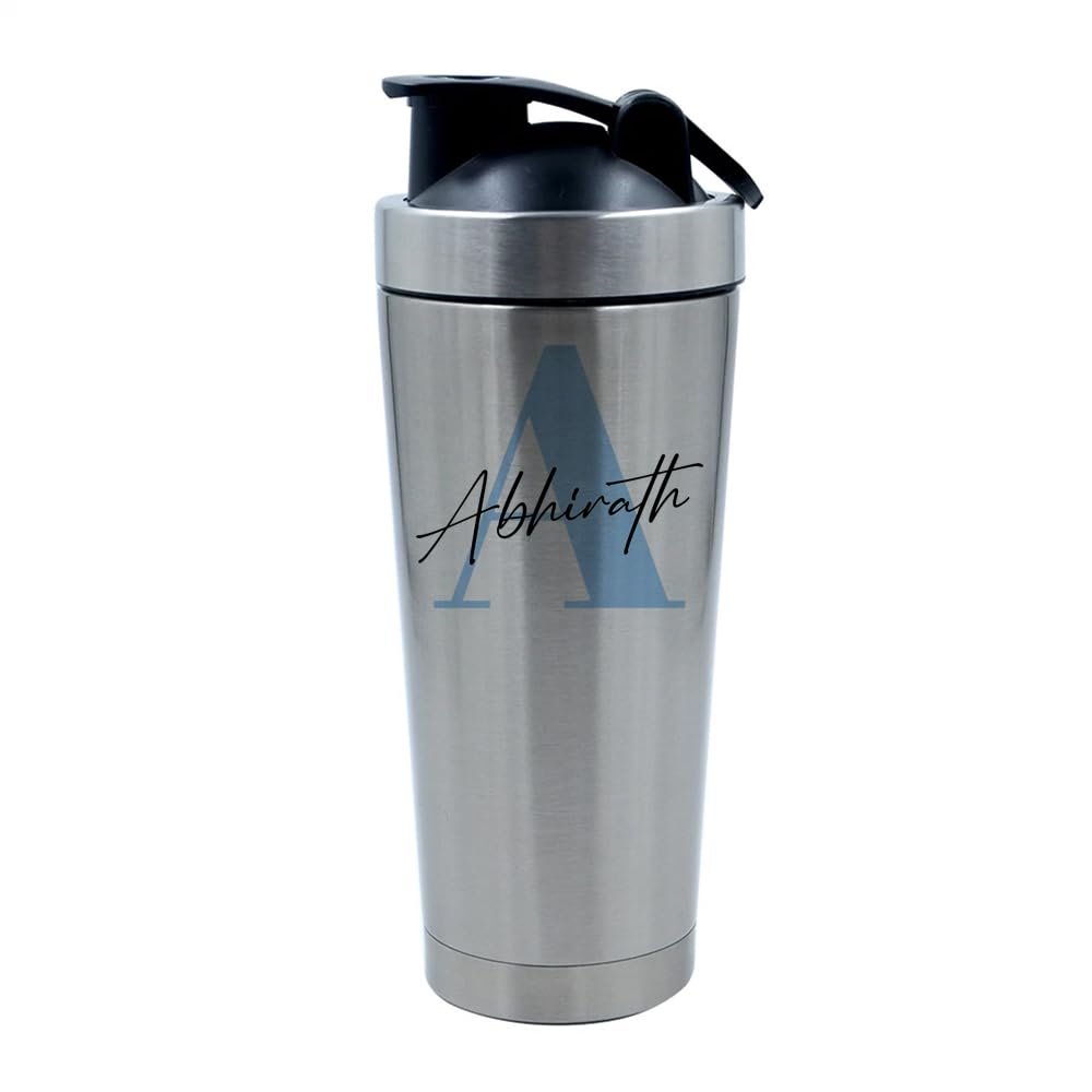 Getagift Personalised Initial with Name Bottle, Alphabet Theme, Marble Design, 500ml Aluminium Shaker Bottle for Supplement Shakes - Easy Clean, Durable Cup. (Silver)